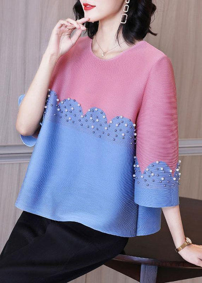 Organic Pink Pearl Beads Shirt Top Short Sleeve Blouse