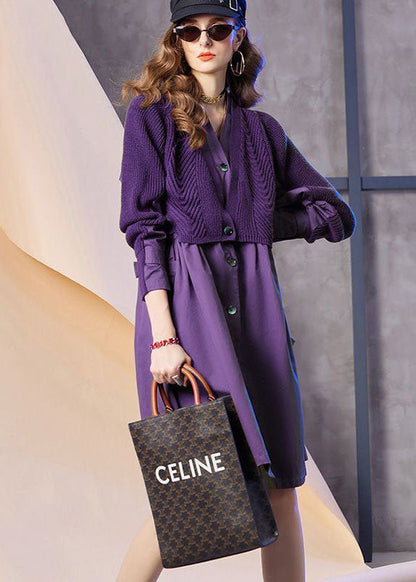Purple V Neck Patchwork Knit Fake Two Piece Party Dress Spring