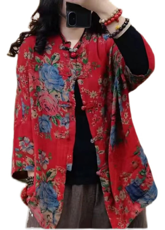 Modern Red Stand Collar Print Button Pockets Cotton Coats Long Sleeve