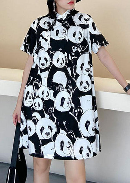 Natural Black Print a Line Long Dress Short Sleeve Cotton Summer