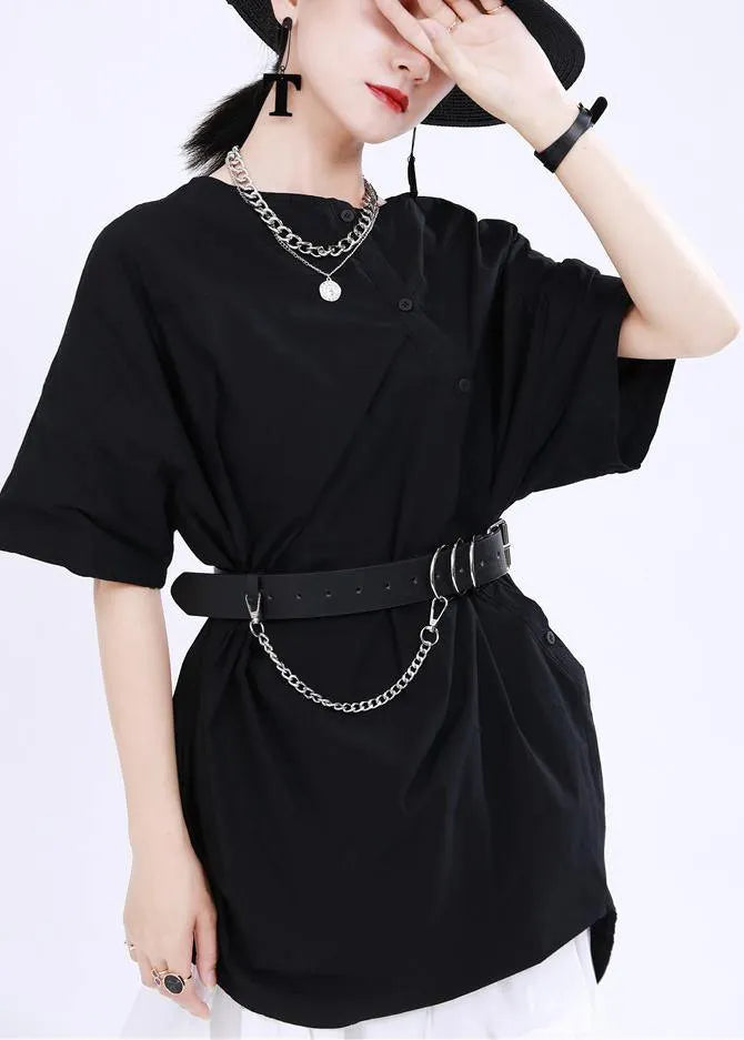Black O-neck Button Cotton Top Summer