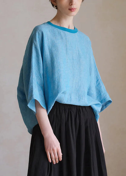Blue O Neck Linen Shirt Half Sleeve