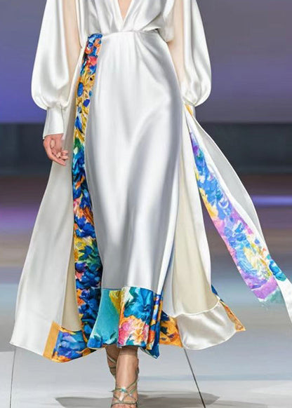 White Deep-v Neck Patchwork Print Silk Vacation Dress Fall