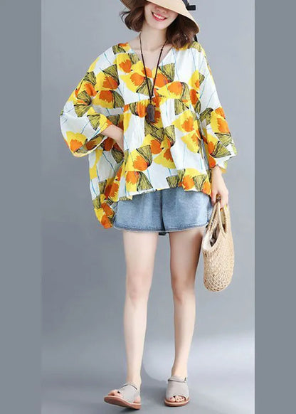 Yellow Loose V Neck Print Patchwork Fall Tops Half Sleeve
