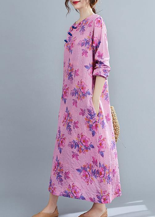 O Neck Chinese Button Spring Pattern Purple Print Loose Dress