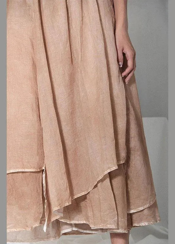 Simple Khaki Elastic Waist Asymmetrical Design Skirt Cotton Linen