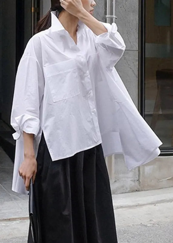 Natural White Peter Pan Collar Low High Design Button Pockets Cotton Shirts Long Sleeve Spring