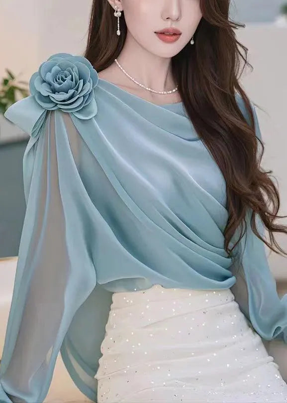 Stylish Blue Wrinkled Chiffon Shirt Fall