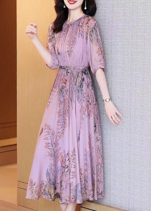 Purple O-neck Print Chiffon Maxi Dresses Summer