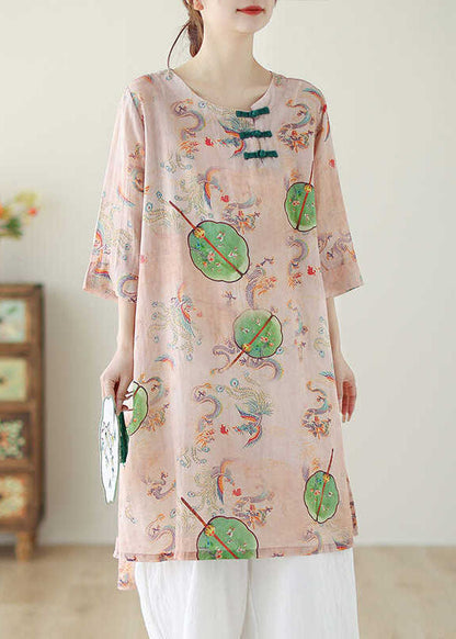 Pink O Neck Print Chinese Button Cotton Mid Dress Summer