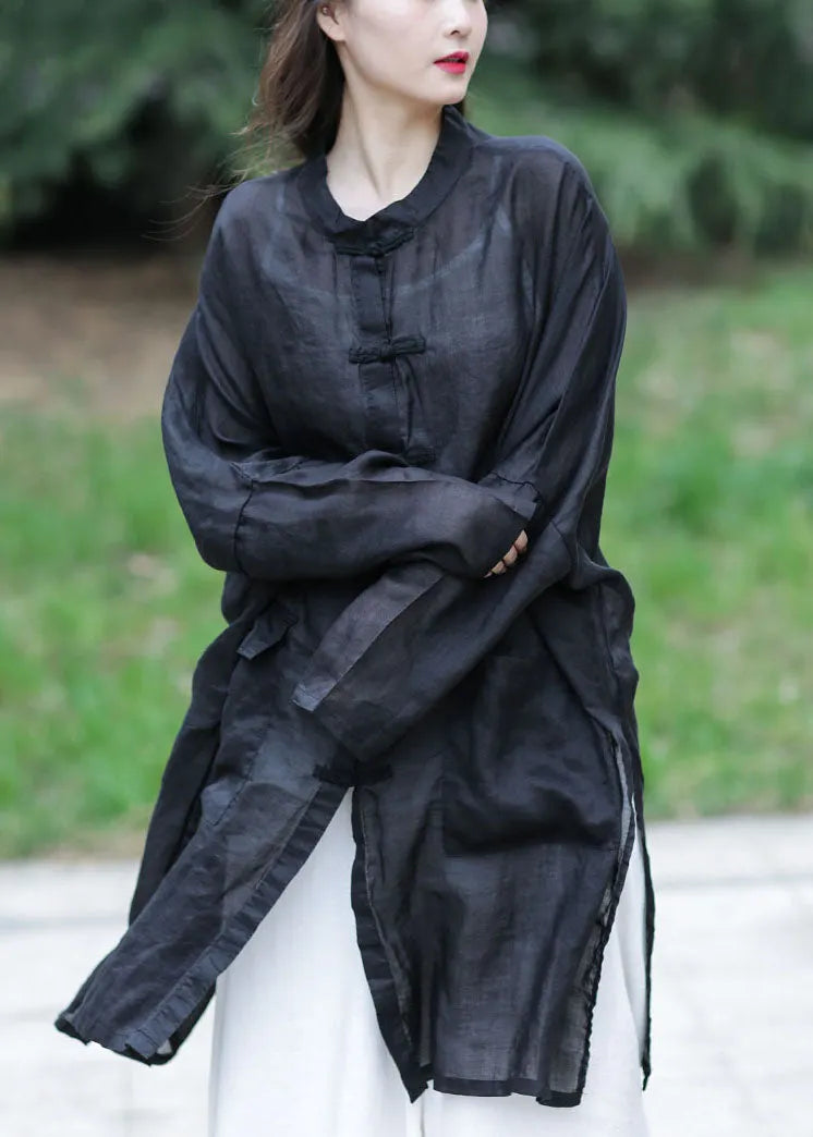 Black Oversized Side Open Linen Upf 50+ Long Shirt Spring