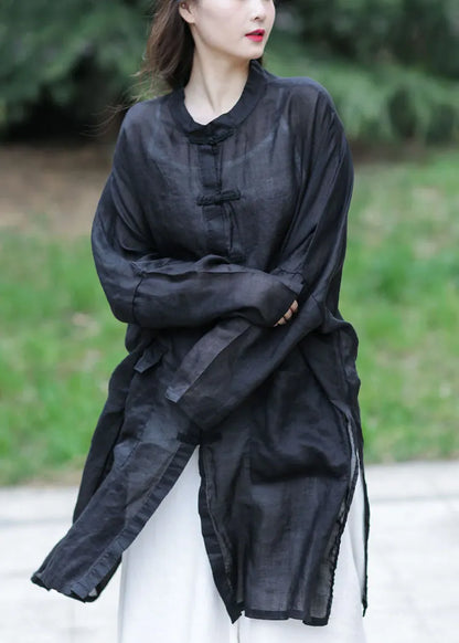 Black Oversized Side Open Linen Upf 50+ Long Shirt Spring