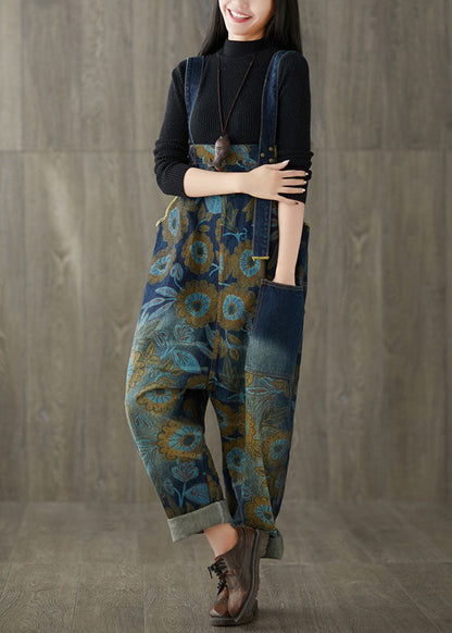 Navy Pockets Print Jeans Jumpsuit Spring
