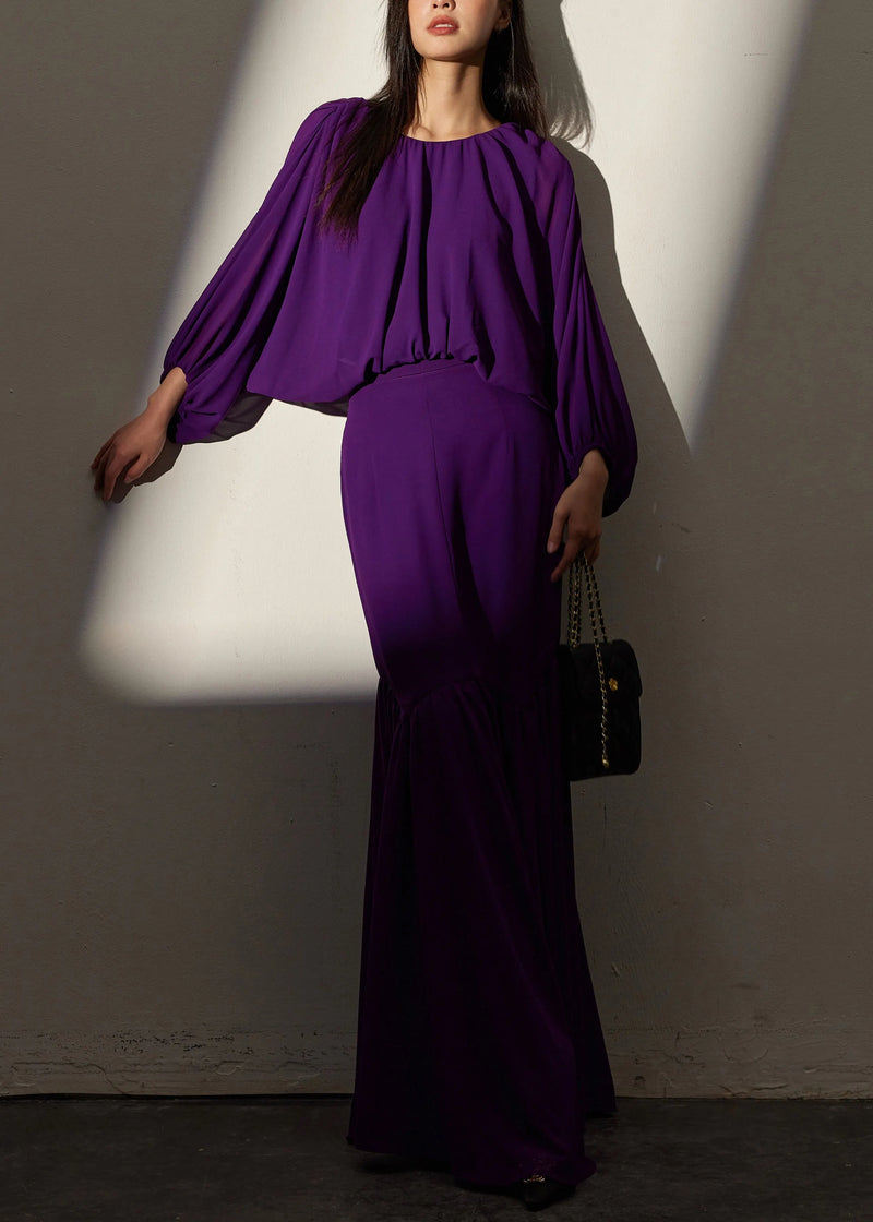 Purple Wrinkled Tops and Skirts Chiffon Two Pieces Set Batwing Sleeve