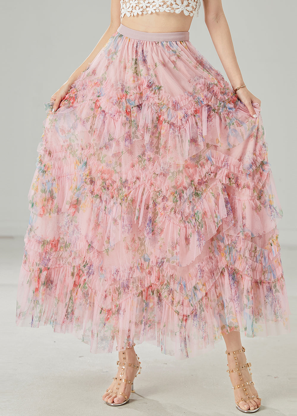 Pink Ruffled Print Tulle Holiday Skirt Summer