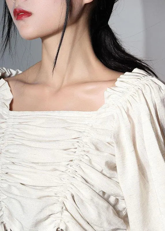 Unique Beige Cinched Lantern Sleeve Cotton Summer Shirts