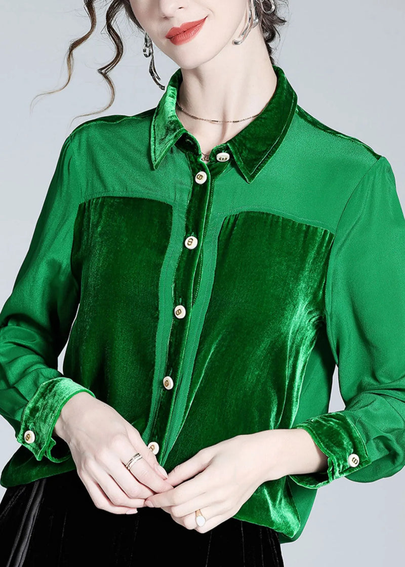Green Peter Pan Collar Patchwork Button Silk Shirt Long Sleeve