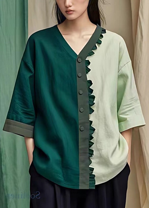 French Blackish Green V Neck Button Patchwork Cotton Top Bracelet Sleeve