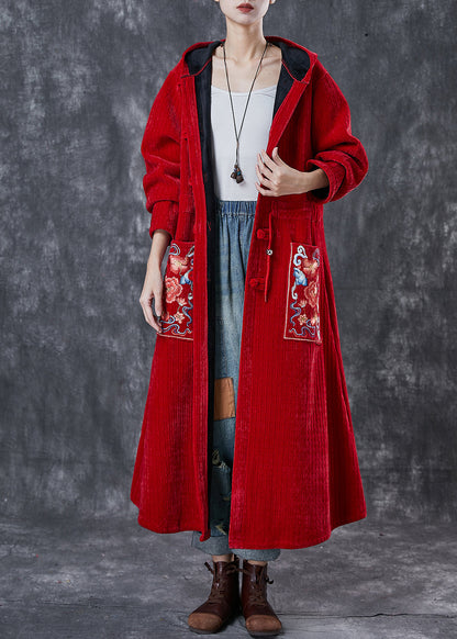 Red Oriental Warm Fleece Corduroy Trench Coat Embroideried Winter