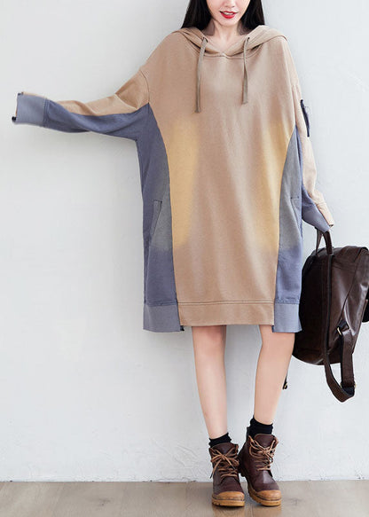 Loose Khaki Hooded Asymmetrical Pockets Patchwork Sweatshirts Dresses Spring