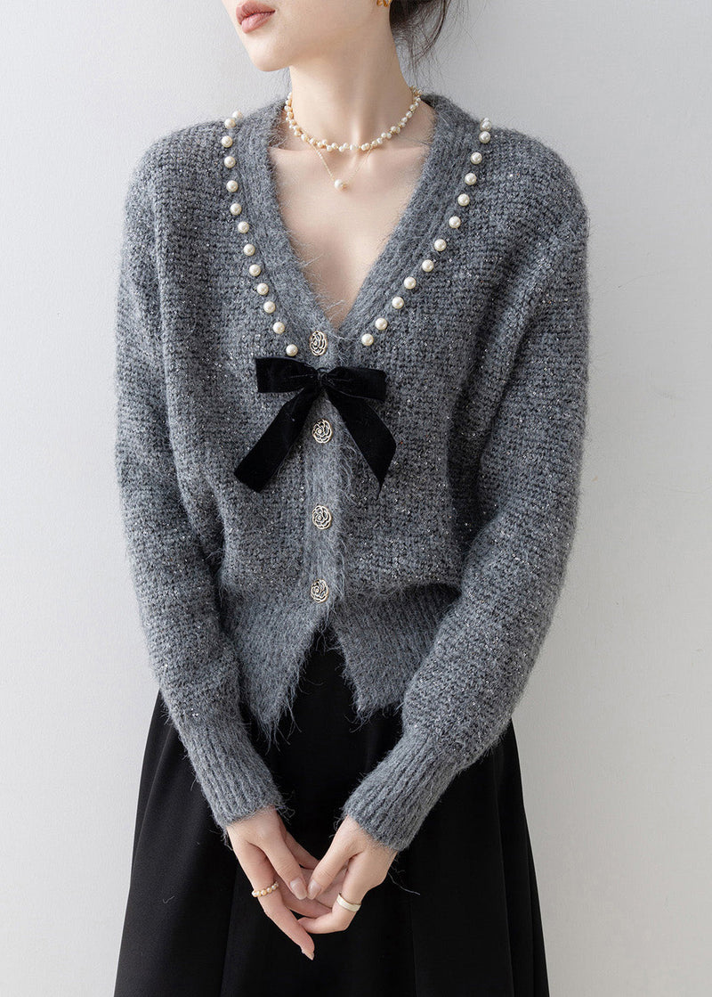 Boutique Dark Grey V Neck Nail Bead Knit Cardigan Spring