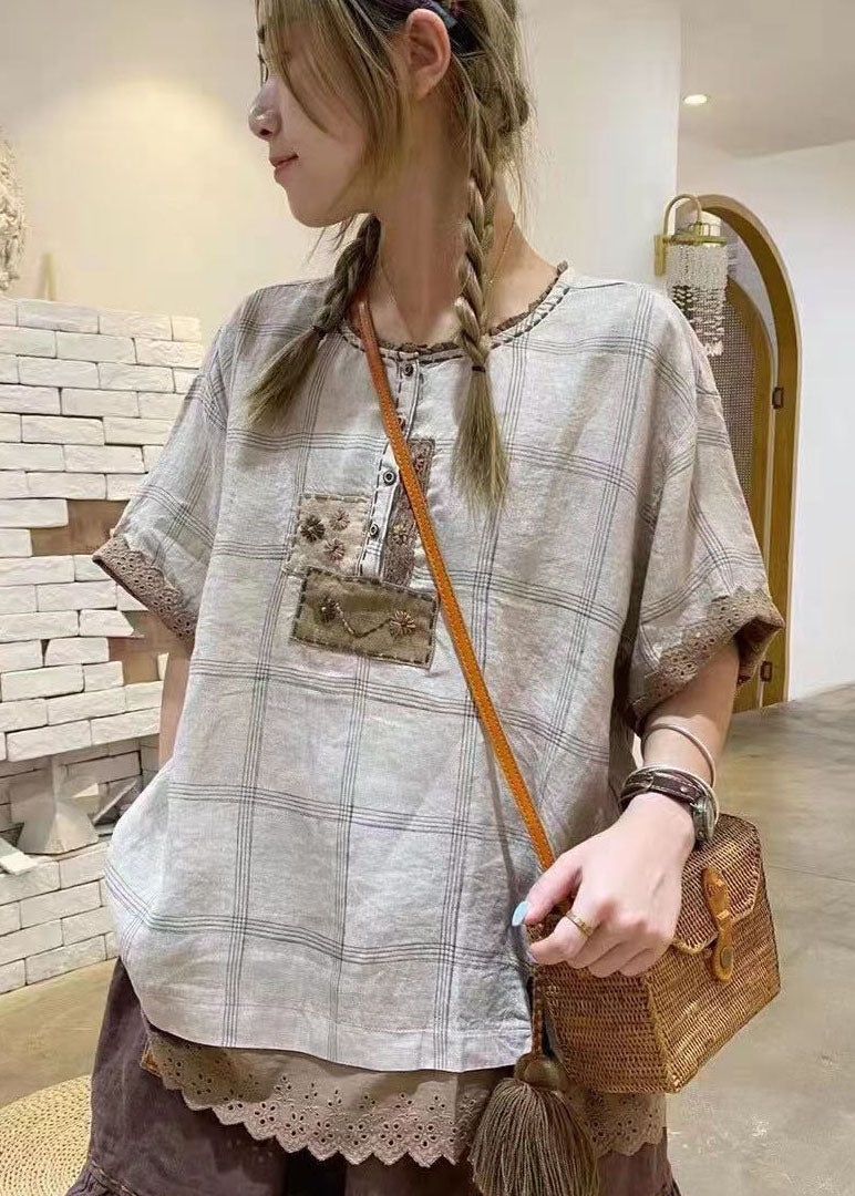 Grey Ruffled Plaid Cotton Shirt Tops Short Sleeve