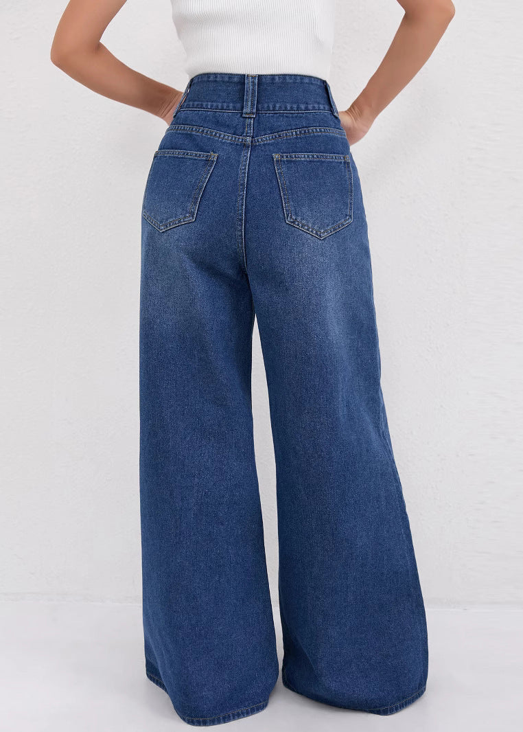 Natural Dark Blue High Waist Wide Leg Jeans Spring