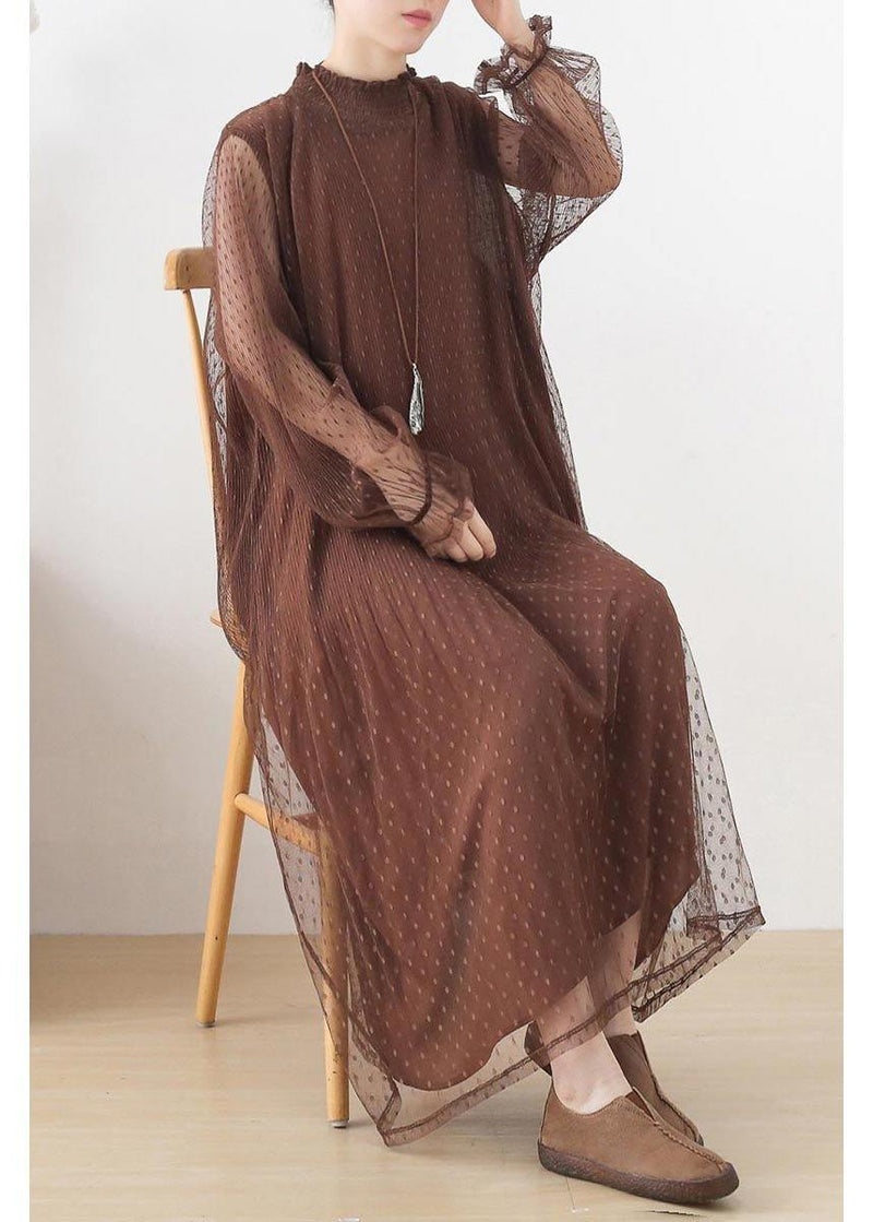 Black Stand Long Sleeve Ankle Summer Chiffon Dress