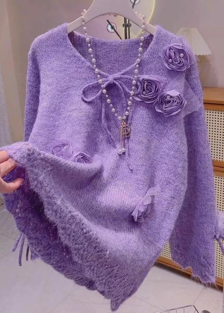 Purple Bow Knit Knit Sweaters Spring