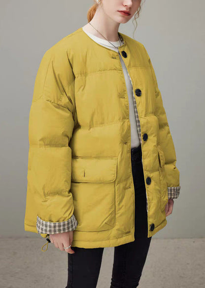Yellow Button Pockets Duck Down Winter Coats O Neck