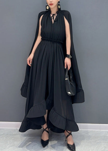 Apricot Ruffled Patchwork Elastic Waist Chiffon Maxi Dress Summer
