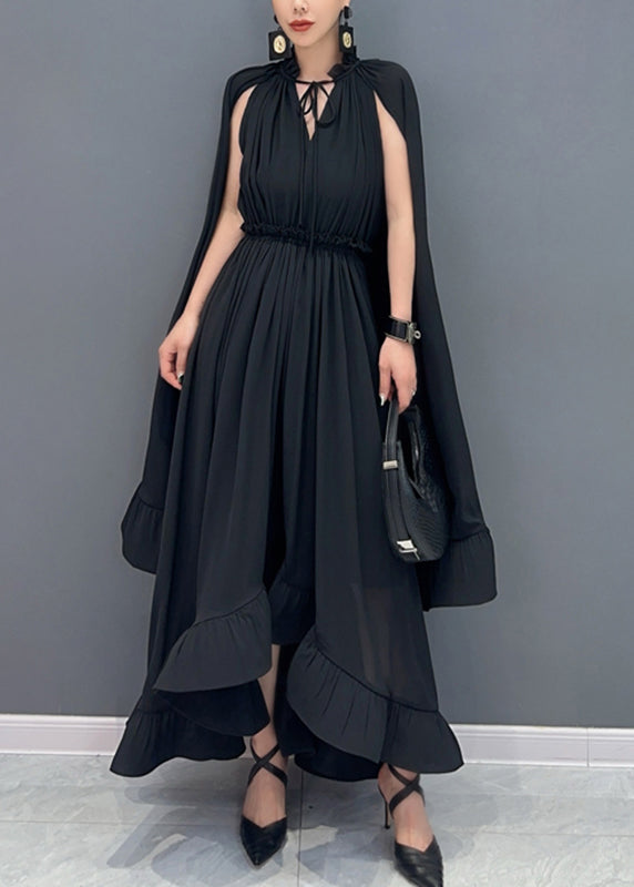 Apricot Ruffled Patchwork Elastic Waist Chiffon Maxi Dress Summer