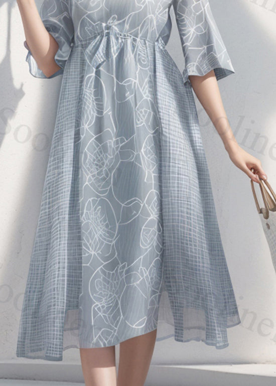 Loose Light Blue O Neck Print Wrinkled Silk Dress Summer