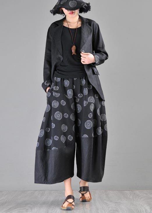Stylish Black Print Asymmetrical Design Cotton Linen Wide Leg Pants Summer
