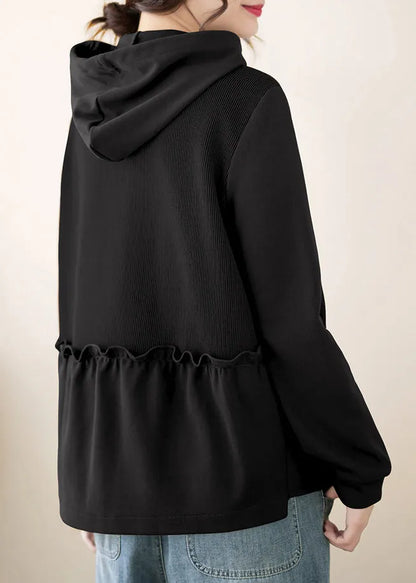 Black Patchwork Cotton Hooded Pullover Asymmetrical Fall