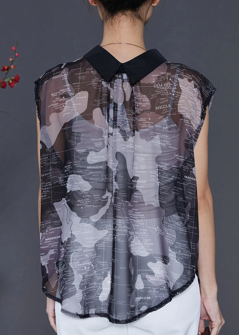Black Peter Pan Collar Print Tulle Shirts Sleeveless