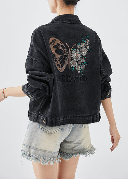 Boutique Black Embroideried Letter Butterfly Denim Jacket Spring