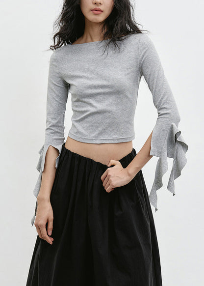 Fitted Black O Neck Ruffled Cotton Tops Bracelet Sleeve