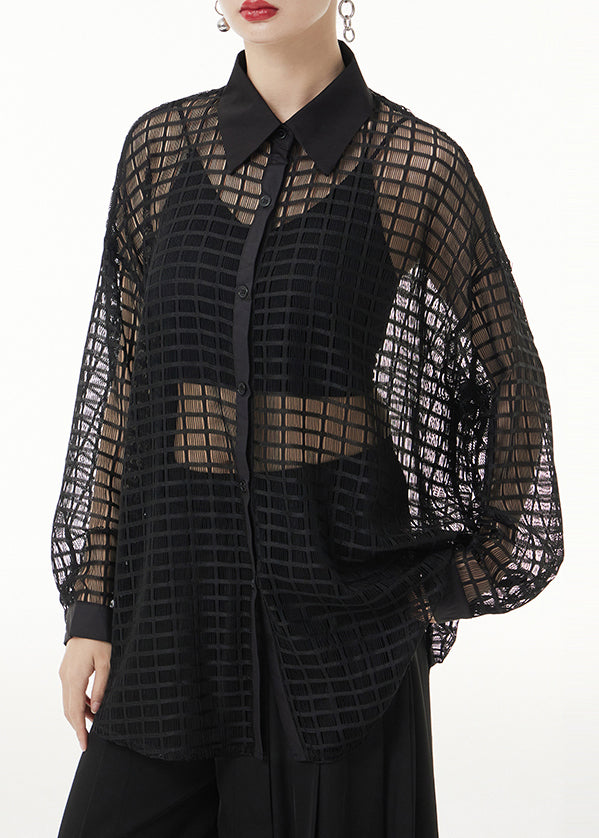Black Peter Pan Collar Hollow Out Patchwork Lace Shirts Long Sleeve