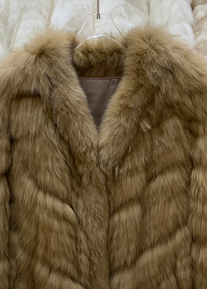 Vogue Khaki V Neck Leather and Fur Coats Winter