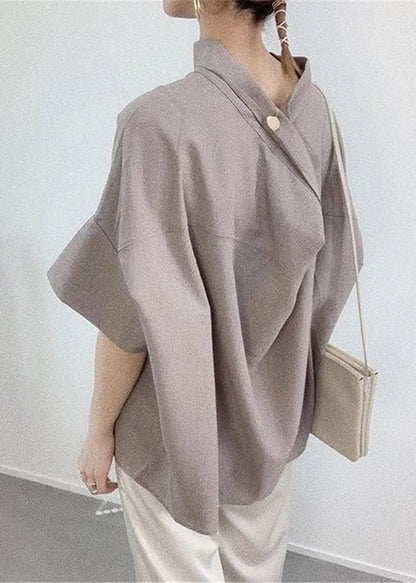 Navy Stand Collar Cotton Shirt Batwing Sleeve