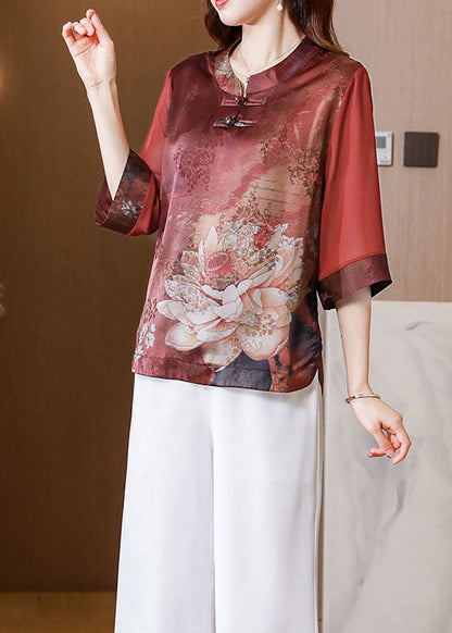 Red Stand Collar Print Patchwork Silk Blouses Summer