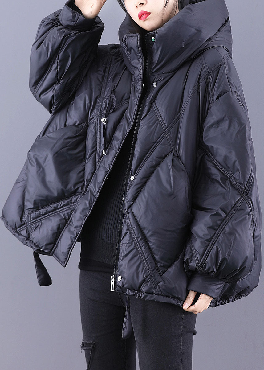 Black Hooded Loose Zippered Warm Winter Duck Down Jacket