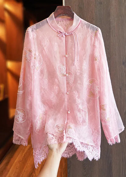 White Embroidered Lace Patchwork Silk Shirts Top Spring