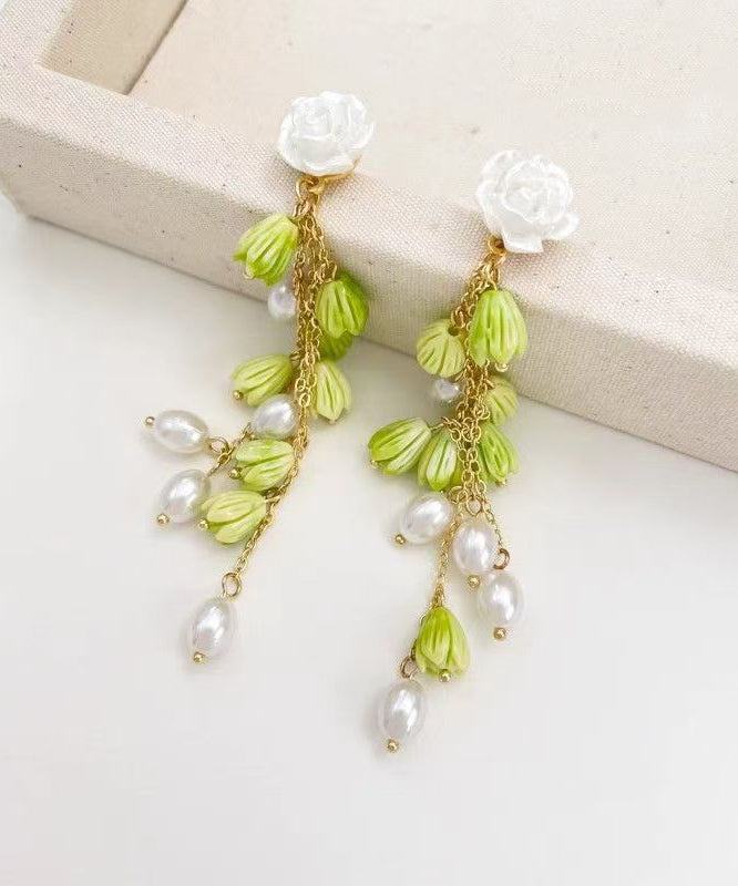 Green Sterling Silver Alloy Pearl Lily of the Valley Tassel Drop Earrings
