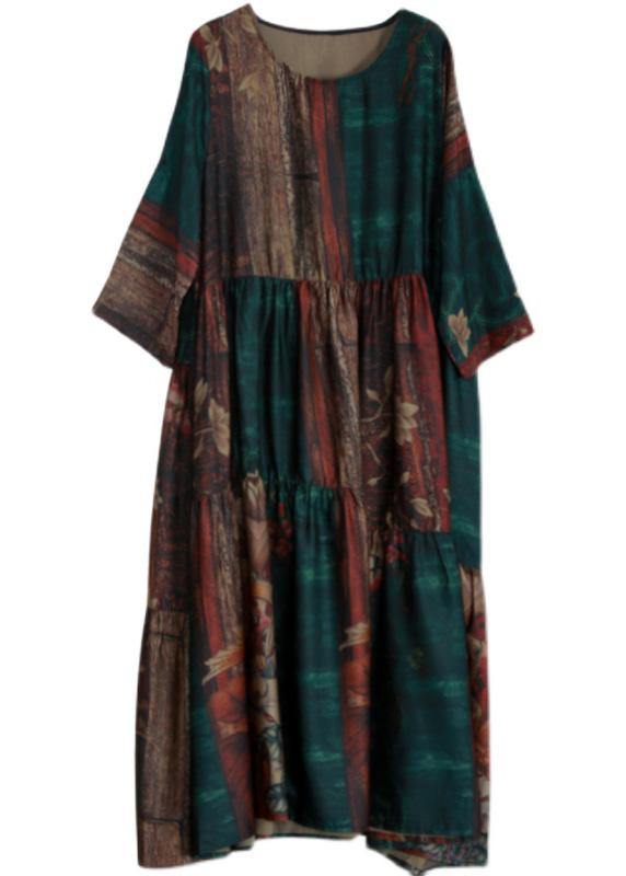 Luxy Green Print Silk Summer Dresses Loose Caftan