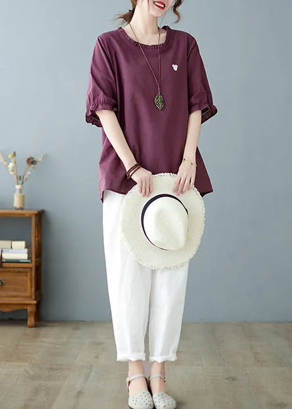 Purple Red O-neck Embroideried Ruffled Top Short Sleeve