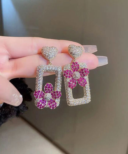Modern Rose Sterling Silver Overgild Zircon Love Rectangular Shape Drop Earrings