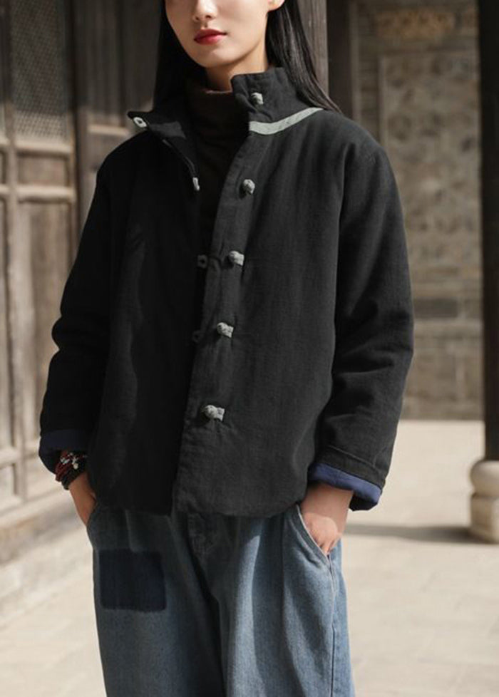 Black Stand Collar Chinese Button Fine Cotton Filled Coat Winter