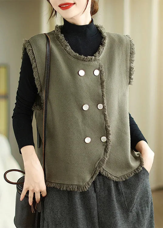 French Army Green Tasseled Double Breast Cotton Vest Top Spring